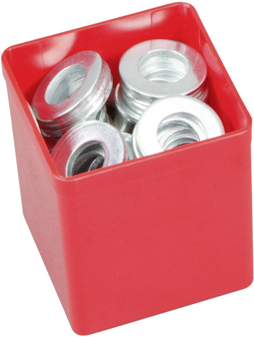 A red container with several silver washers, neatly stacked.