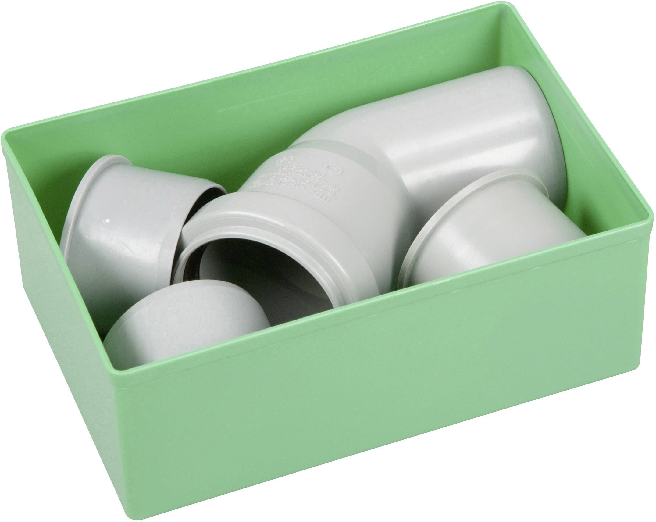 Green box with grey PVC pipe fittings, including elbows and couplings, used for pipe installations.