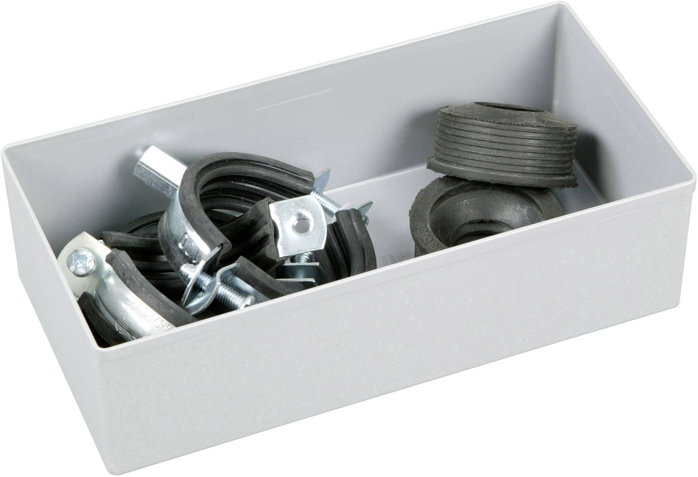 A grey box contains metal clips and black rubber seals.
