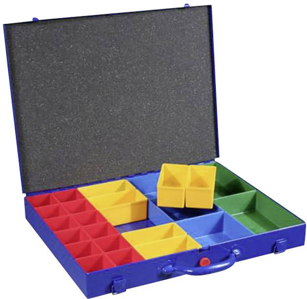 Colourful plastic sorting tray, open, with four sections in red, yellow, green and blue. Yellow inserts are partially removed.