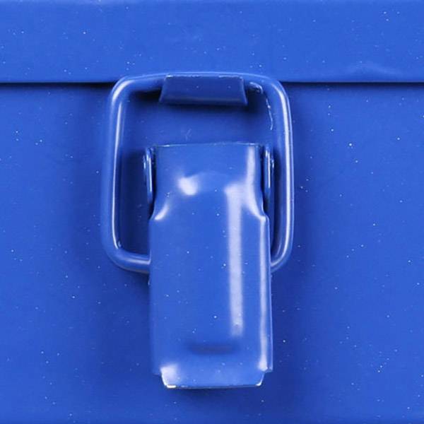 Blue metal lock on a crate or box, shown in close-up.