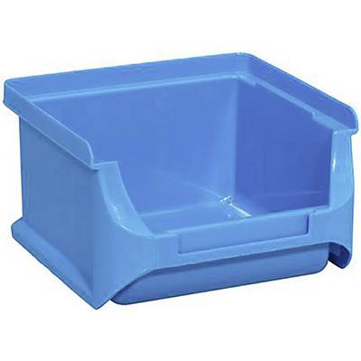 A rectangular blue plastic container with an open front, suitable for storing small parts.