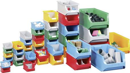 Several colourful plastic boxes of various sizes are stacked. Some boxes contain small items and tools.