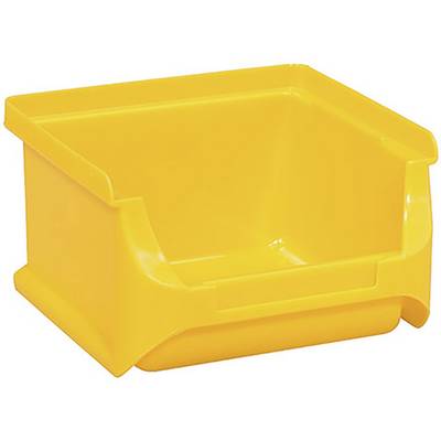 Yellow plastic storage box with an open, angled front design, suitable for neat storage of items.