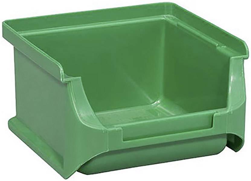Green, rectangular plastic box with an open front, suitable for storing or organising small parts and tools.