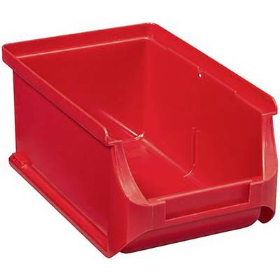 Red plastic storage box with open front, suitable for storing small items.