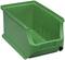 Green plastic stacking box with an open front for easy access and storage of items.
