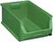 Green, rectangular plastic box with an open front, suitable for storing small items or workshop materials.