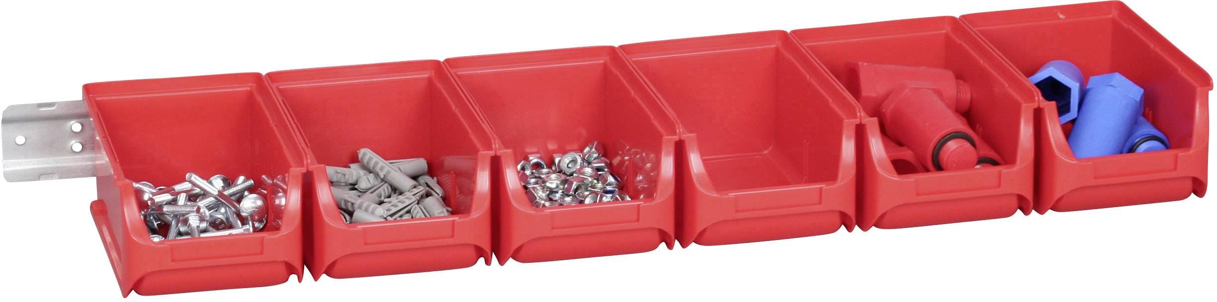 Red storage box with six compartments mounted on the wall, filled with screws, wall plugs, and electrical terminals.