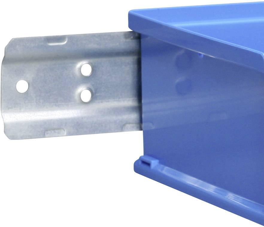 Blue metal profile with a protruding, perforated metal support, showing structural element.