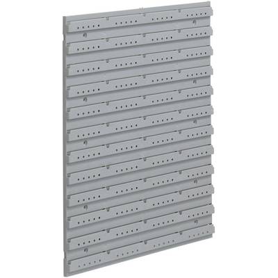 Grey tool wall with multiple horizontal slots and holes for mounting tools and accessories.