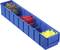 A blue storage container with four compartments, filled with screws, red wall plugs, yellow wall plugs, and other small parts.