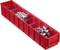 Red storage box with compartments, filled with metal screws and nuts.