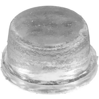 A transparent, round plastic cap that could be used as a protective or sealing element.