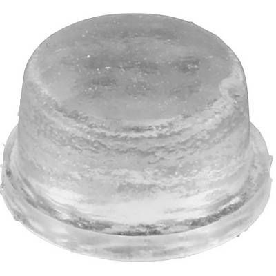 Colourless, round, transparent plastic cap, potentially used as a cover or protection for a small object.