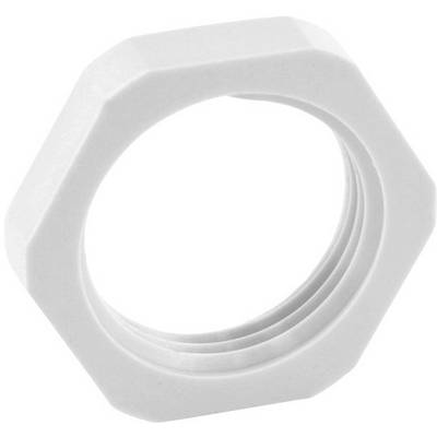 A white plastic hexagonal nut with an internal thread, used for securing or connecting pipework or electronic components.