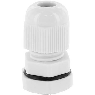 A white plastic cable gland with a ribbed surface and seal, for secure cable fastening and sealing.