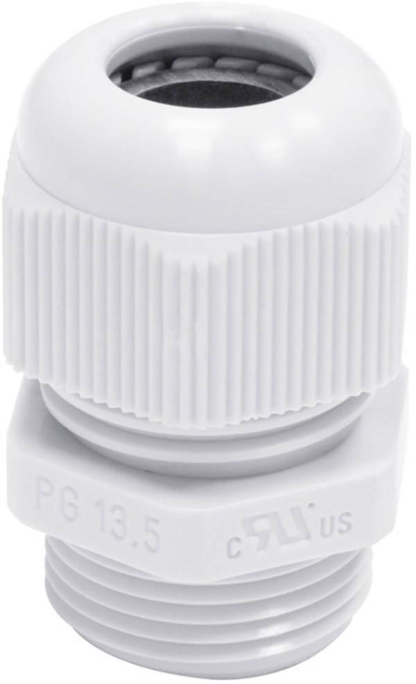 White cable gland insert with a cylindrical thread, knurled body, and PG 13.5 marking, for cable fastening.
