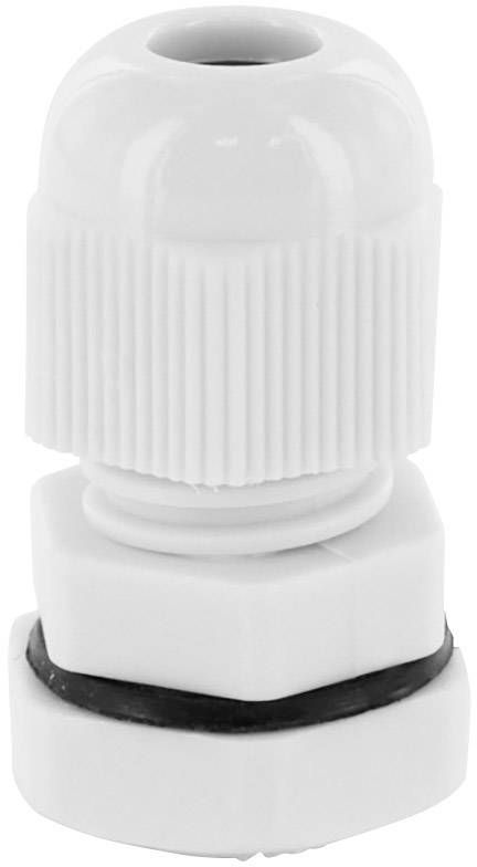 Cable gland made from white plastic with threading and seal, used for secure sealing and protection of cables.
