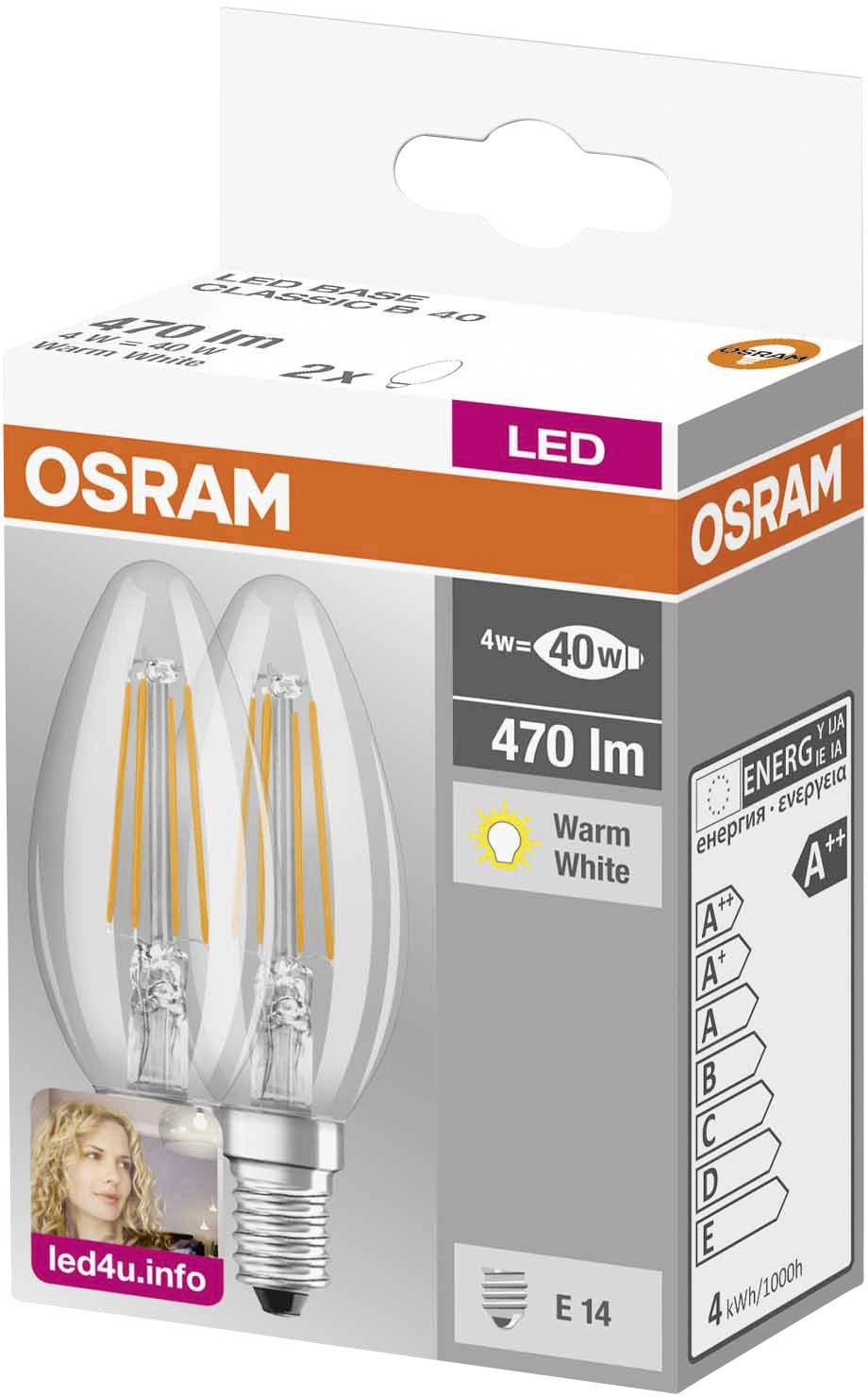 OSRAM 4052899972032 LED (monochrome) EEC E (A - G) Candle 4 W = 40 W Warm white (Ø x L) 35 mm x 100 mm Filamen | Conrad.com
