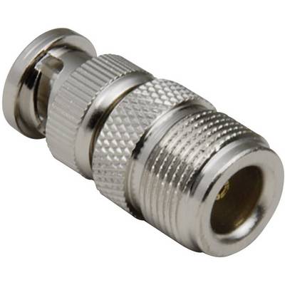 A metal adapter with knurling, used for connecting coaxial cables. It has a BNC socket on one side and an F socket on the other.