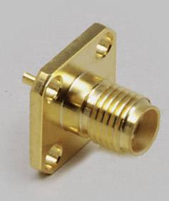 Golden coaxial connector with a square mounting plate and four screw holes, showing the rear view and connection area.