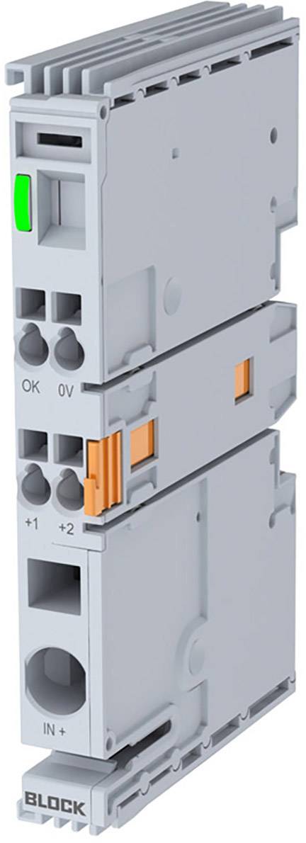 A grey electronic module with connector ports and a green indicator light. Suitable for industrial applications.