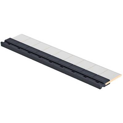 Long, rectangular plastic part with several narrow, uniform recesses, presumably a component or mechanical part.