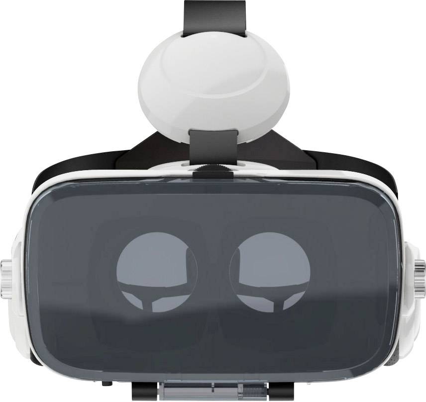 Virtual reality headset with two viewing windows, black plastic casing and white headband, pictured from the front.