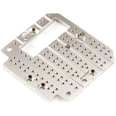 'Aluminium plate with numerous holes and milled recesses, potentially for mounting purposes in mechanical or electronic devices.'