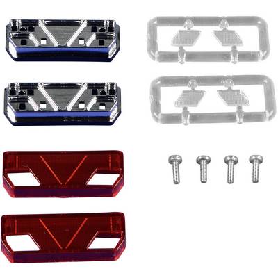 Various model components in blue, red, and silver, including two rectangular parts, two mounting brackets, and four screws.
