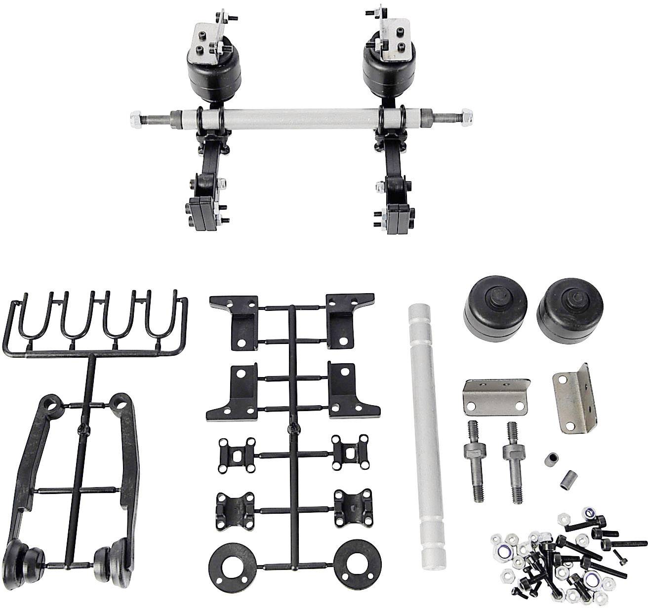 RC vehicle axle kit, comprising axles, springs, screws and accessory parts, ready for assembly.