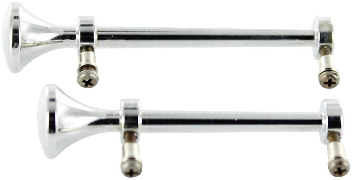 Two chrome-plated trumpet horns placed parallel to each other, each with a mounting screw on the underside.