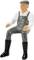Toy figurine of a seated man wearing a grey boilersuit and boots, with a cap.