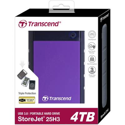 An external hard drive by Transcend, model StoreJet 25H3, 4TB, with USB 3.0 connection and triple protection on the packaging.