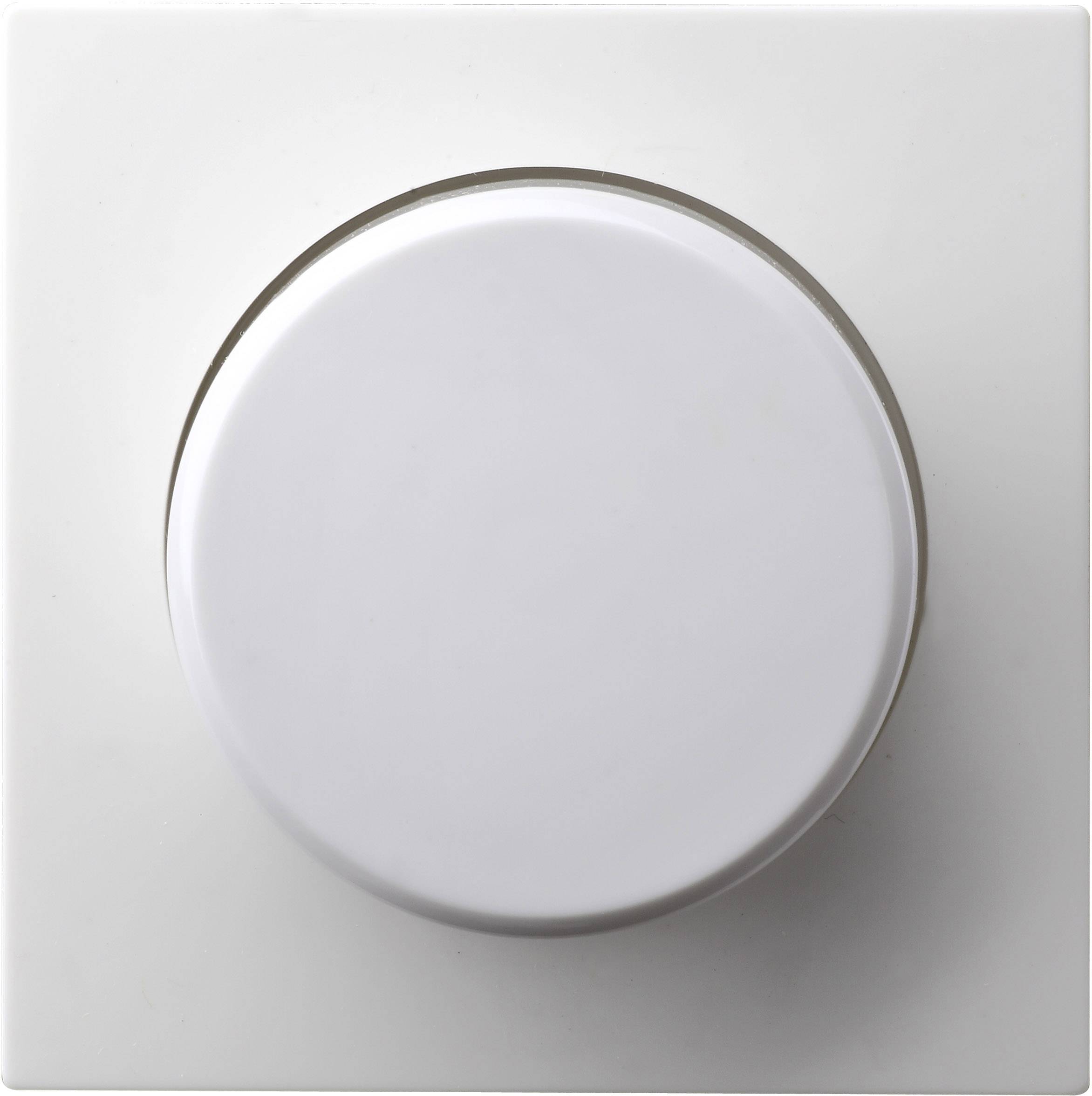 A white dimmer switch on a white wall plate, viewed from above.