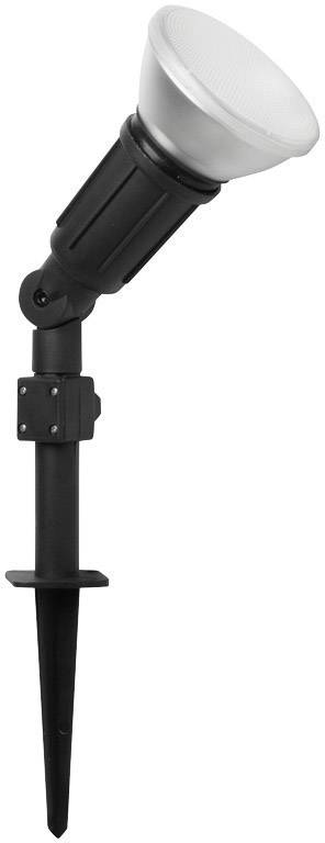 Black garden spotlight with a ground spike, an adjustable head, and a white lampshade. Ideal for outdoor lighting.