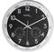 Round wall clock with a black dial, white numerals and three hands. Integrated thermometer and hygrometer displays.