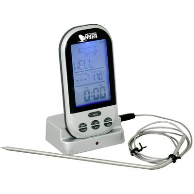 A digital meat thermometer shows a temperature of 71°C for beef. It has a probe and a long cable.