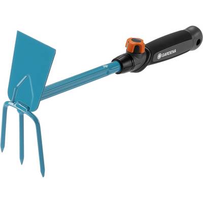 Garden tool with a black handle and orange turning knob, consisting of a blue hoe and three prongs.