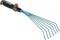 Hand rake with black handle and orange twist lock, seven curved tines, suitable for garden and landscaping work.