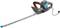 Electric hedge trimmer with a long, serrated blade bar and ergonomic handle, suitable for trimming hedges.