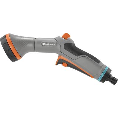 Grey-orange garden hose spray nozzle with an ergonomic handle; 'Gardena' brand logo on the shaft.