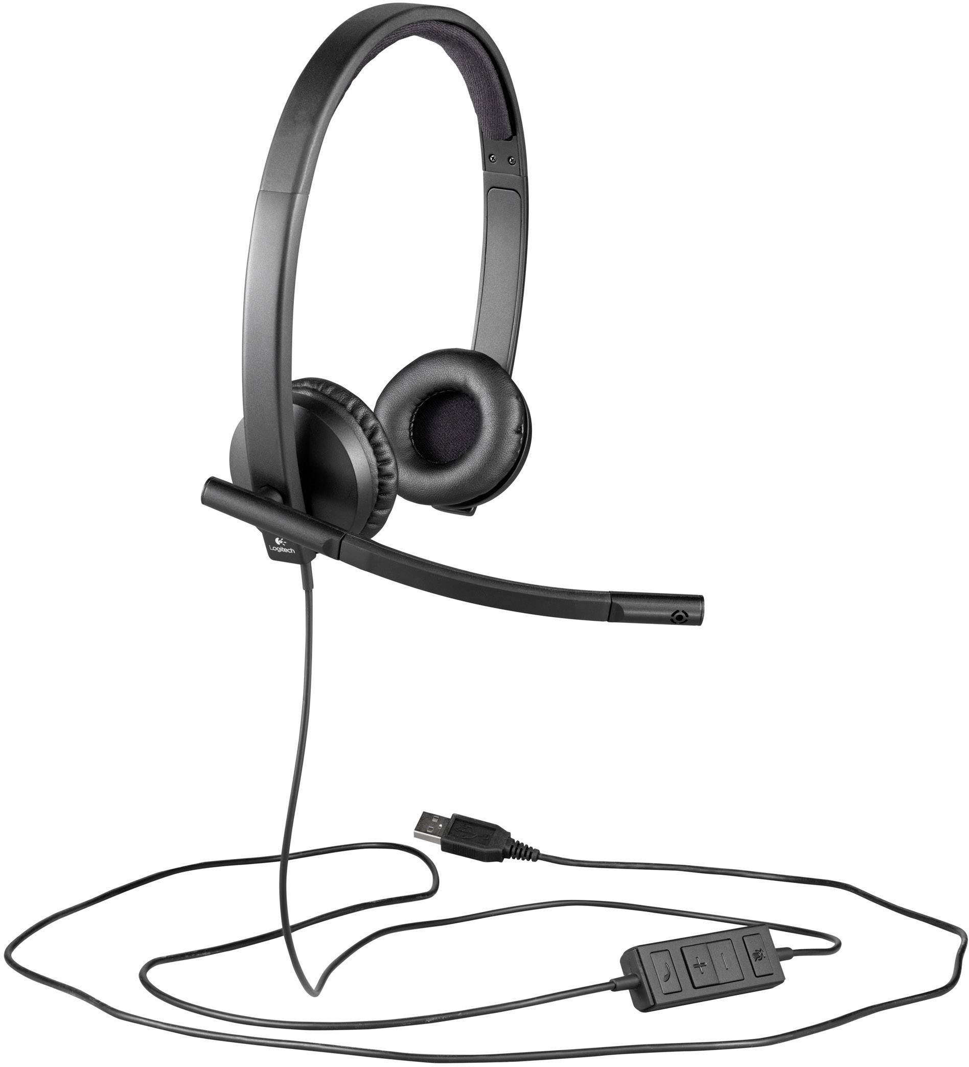 Black computer headset with adjustable microphone, soft ear cushions, and USB connection cable. Perfect for calls or online meetings.