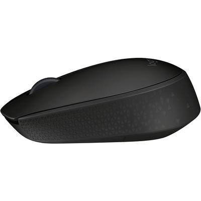 Black wireless computer mouse with ergonomic design and textured side grip.