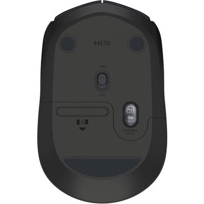 The underside of a computer mouse with an on/off switch and a battery compartment, model number 'M170' visible.