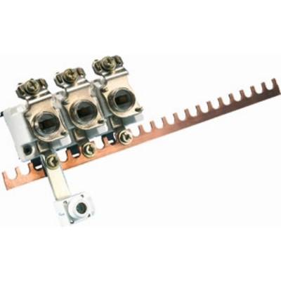 An electrical busbar contact with three phase bars and multiple screw connections for connecting cables.