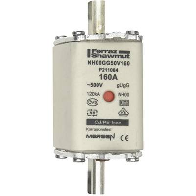 A cylindrical NH fuse marked '160A', suitable for 500V, 120kA, by Ferraz Shawmut, corrosion-resistant and lead-free.