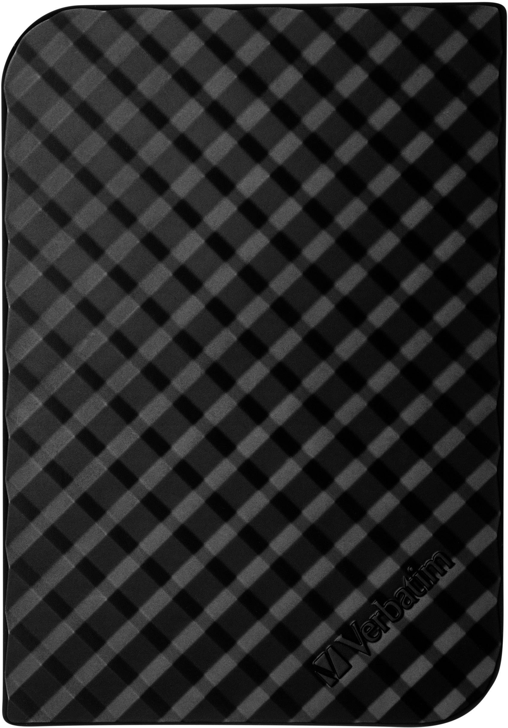 An external hard drive with a checked pattern on the surface, the brand name 'Verbatim' located in the bottom right corner.