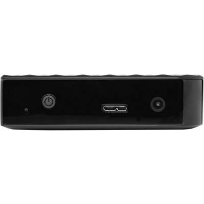 Front view of an external hard drive with a USB port and two buttons, surrounded by a black casing.